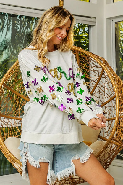 BiBi Fleur De Lis Sleeve Mardi Gras Pullover FitiqueFit