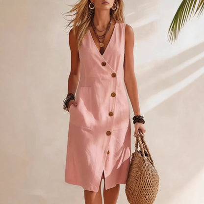Women's Resort V-Neck Sleeveless Asymmetrical-Button Midi Dress FitiqueFit