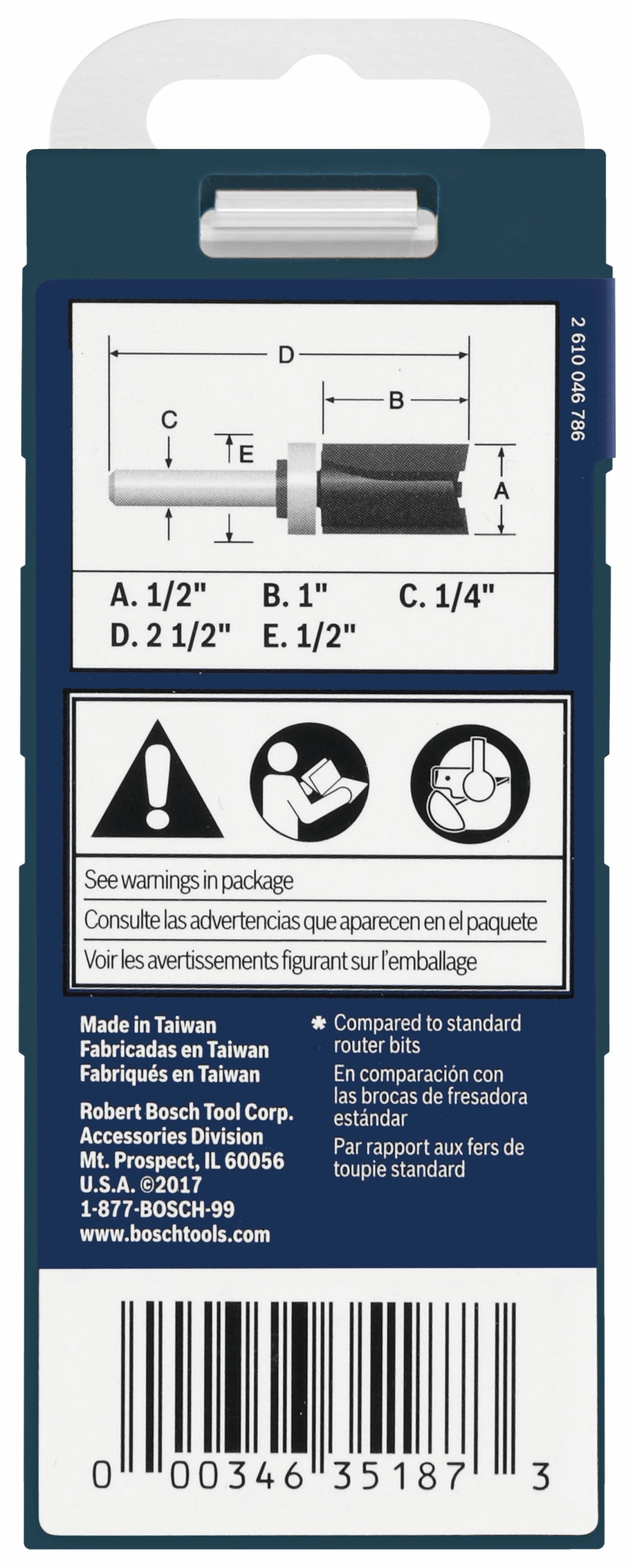 BOSCH 85680MC 1/2 In. x 1 In. Carbide-Tipped Double-Flute Top-Bearing Straight Trim Router Bit VM Hardware