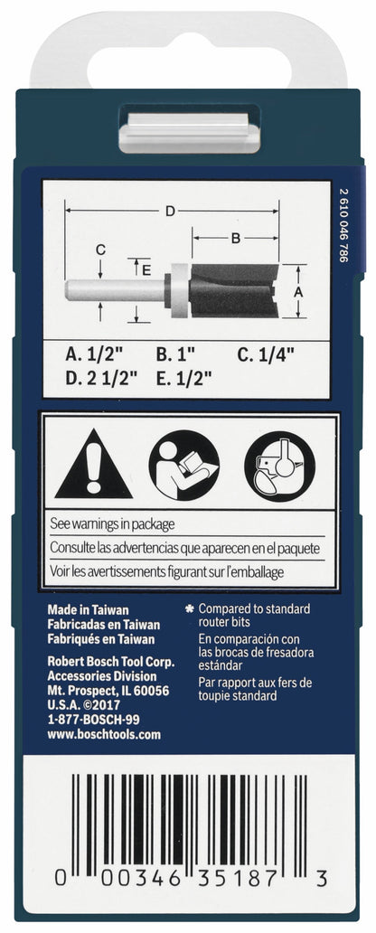 BOSCH 85680MC 1/2 In. x 1 In. Carbide-Tipped Double-Flute Top-Bearing Straight Trim Router Bit VM Hardware