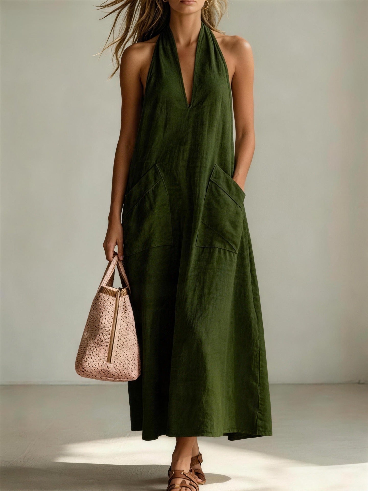 Cotton Halterneck Sleeveless Deep V-Neck Loose Straight-Line Dress FitiqueFit