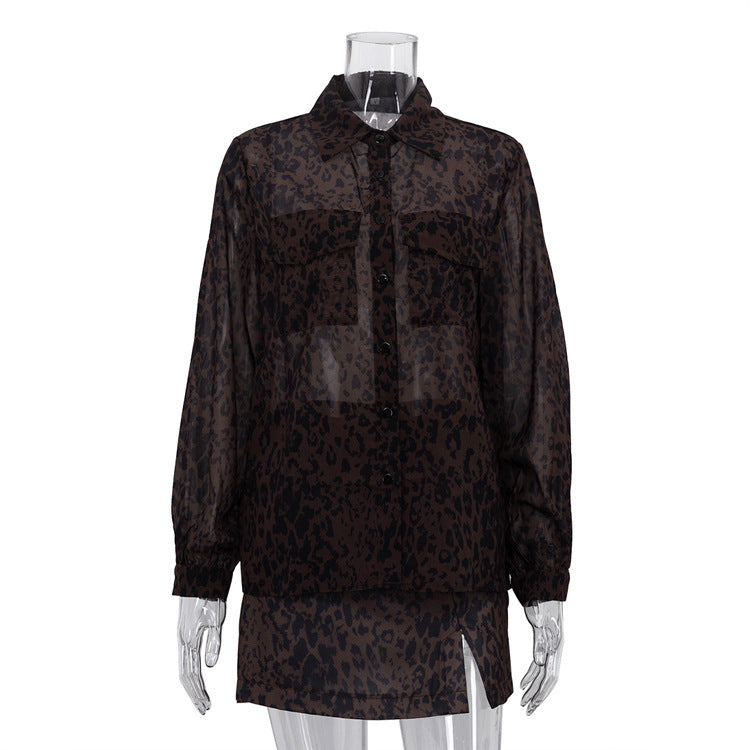Lapel Long Sleeve Top High Waist Slit Short Skirt Two-piece Leopard Print Skirt Suit See size chart under “more details” The Fashion Celestial