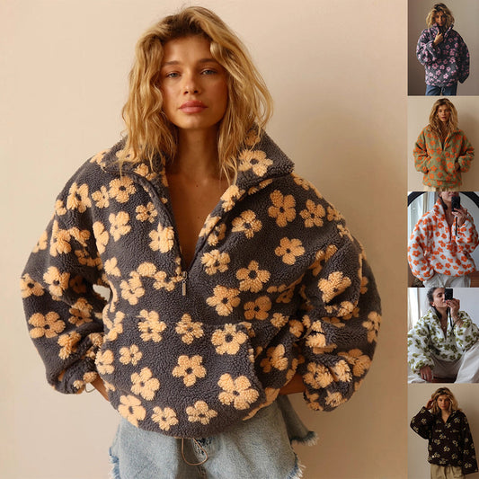 Winter Flowers Lambskin Sweatshirt Women | Cozy Zip-Up Pocket Pullover FitiqueFit