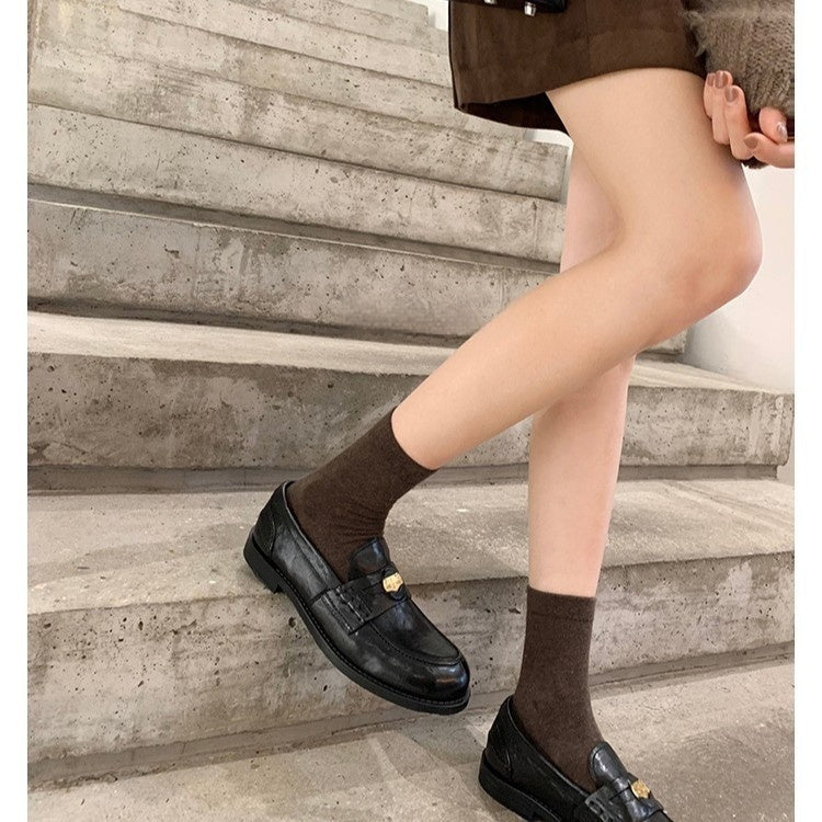 Women's British-Style Gold Coin Loafers | Block Heel Leather Slip-Ons FitiqueFit
