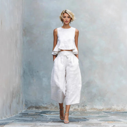 Women’s Linen-Blend Sleeveless Two Piece Set with Ruffled Detailing FitiqueFit