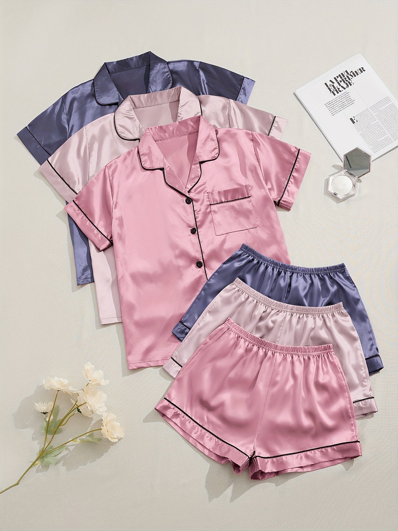 [Three Suits] Multicolor Variety of Short-sleeved Shorts Solid Color Imitation Y Satin PJ Set Women's Two-piece Suit NovaCart