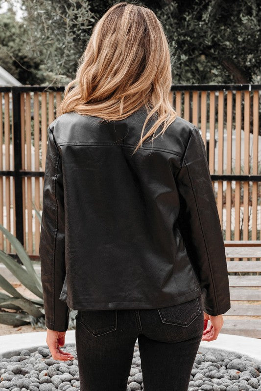 Faux Leather Button-Front Boxy Jacket See size chart under “more details” The Fashion Celestial