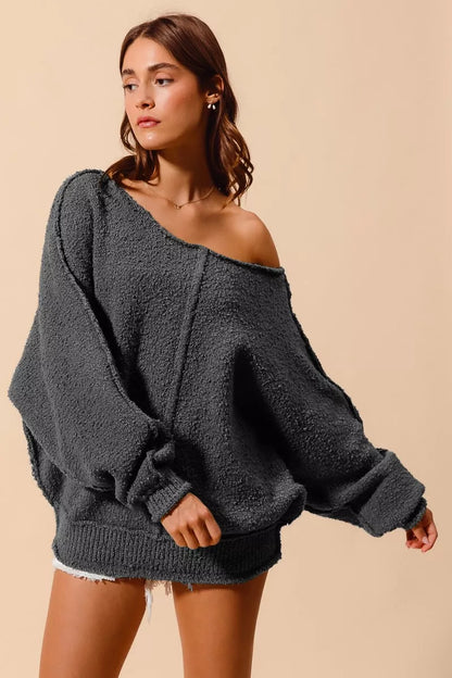 SO ME Loose Fit Exposed Seam Slouchy Boucle Sweater FitiqueFit