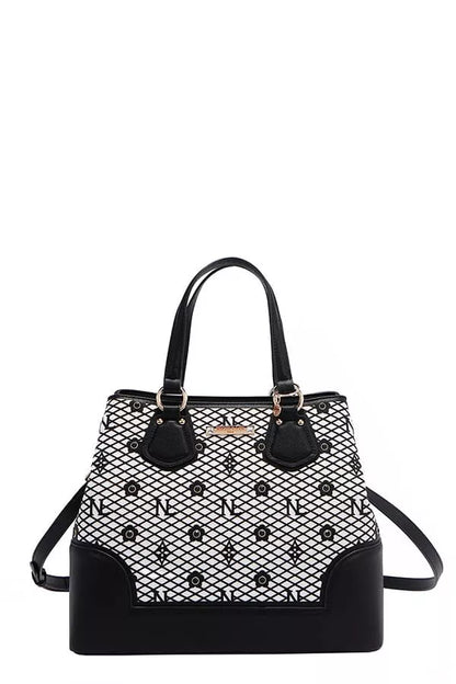 Nicole Lee USA Monogram Pattern Handbag with Rhinestones Decor New Era Fashion LLc
