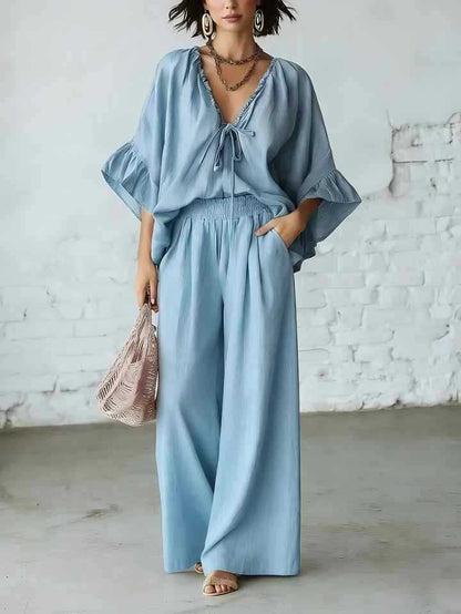 Women's Loose-Fit V-Neck Top & Wide-Leg Pants Two-Piece Set FitiqueFit