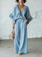Women's Loose-Fit V-Neck Top & Wide-Leg Pants Two-Piece Set FitiqueFit