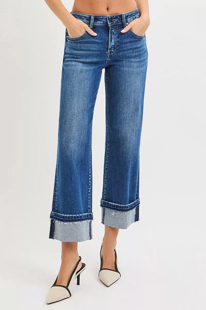 RISEN Mid Rise Ankle Straight Jeans with Cuffed Hem West2East Surf