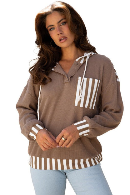 Stripe Patchwork Waffle Knit Buttoned Hoodie Shop Style & More | Fresh Looks, Everyday Deals & Free Shipping