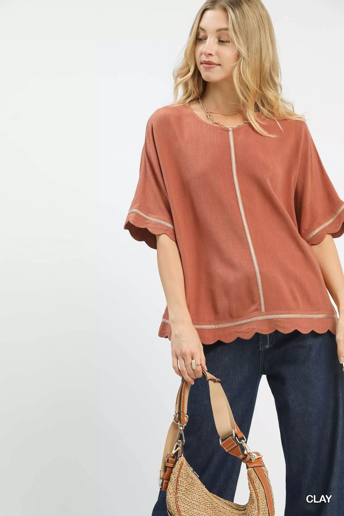 Umgee Linen Blend Scallop Trim Top FitiqueFit