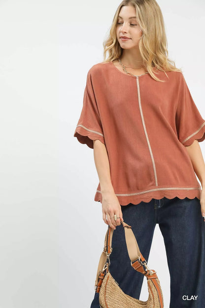 Umgee Linen Blend Scallop Trim Top FitiqueFit