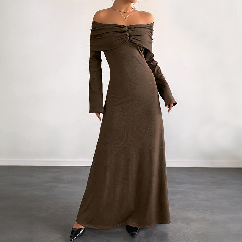 Brown Off-shoulder Slim Women's Dress Grayceful LLC