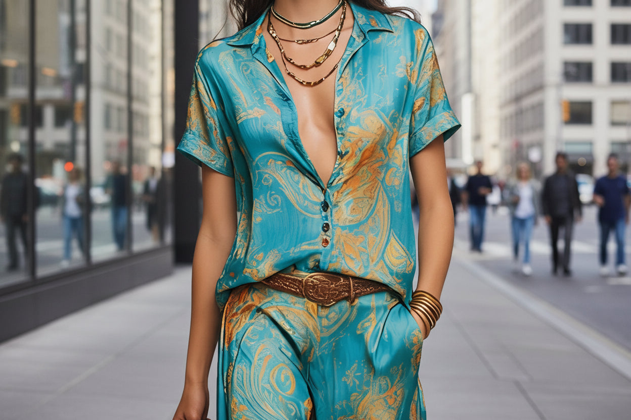 Women's Bohemian Printed Resort Two-Piece Set – 3/4 Sleeve Shirt & Pants FitiqueFit