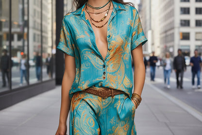 Women's Bohemian Printed Resort Two-Piece Set – 3/4 Sleeve Shirt & Pants FitiqueFit