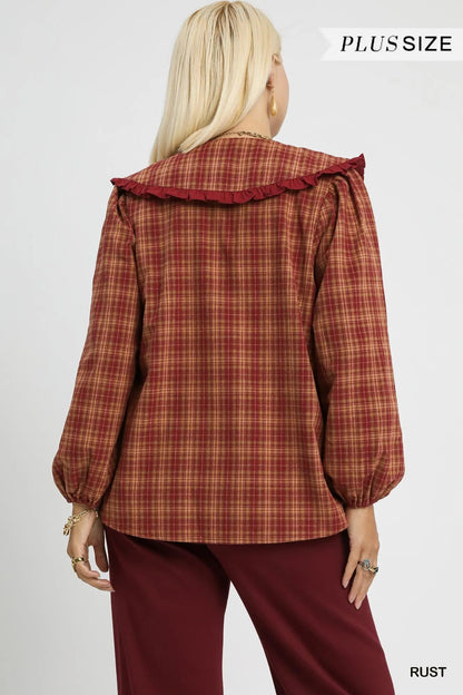 Umgee Full Size Plaid Ruffle Collar Blouse Plus Size Garden Naked Curves