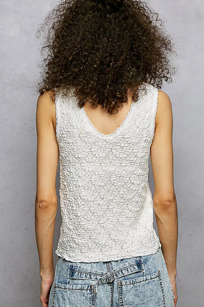 POL Textured Knit V-Neck Tank with Lace Trim Montret