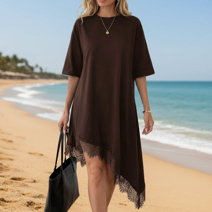 Women's Lace Trim Asymmetric Three-Quarter Sleeve Dress FitiqueFit