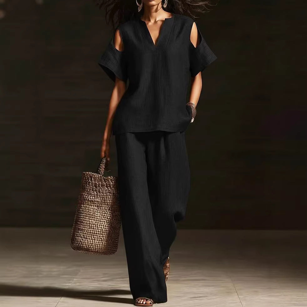 V-Neck Short Sleeve Top & Straight-Leg Pants Set – Ripped Detail, Pockets, Solid Color FitiqueFit