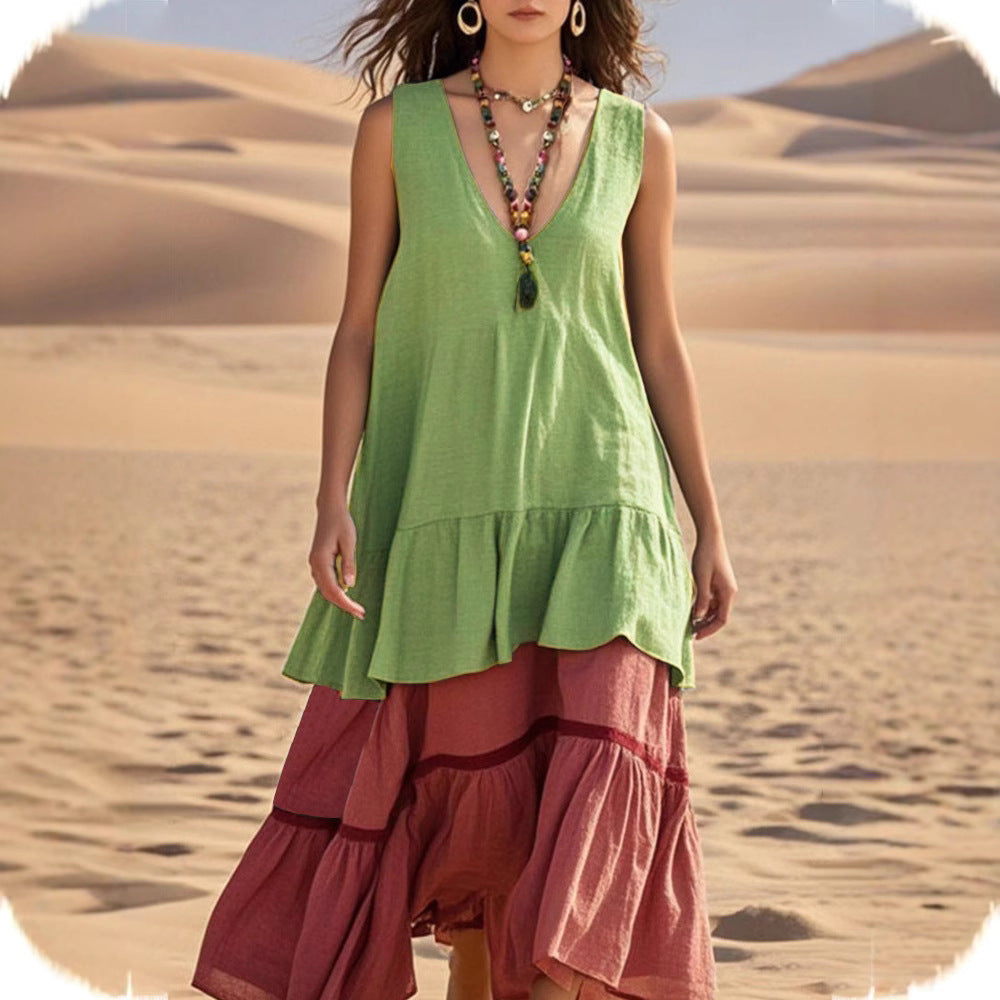 Women's Sleeveless Color-Block Patchwork Maxi Dress – V-Neck FitiqueFit