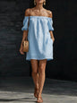 Women's Cotton-Linen Off-Shoulder Puff-Sleeve Loose Mini Dress FitiqueFit