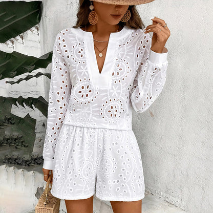 Women's Solid Color Elegant V-Neck Lace Long Sleeve Blouse & Shorts Set FitiqueFit