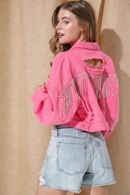 Ripped Rhinestone Denim Jacket Tassel Long Sleeve Denim Jacket See size chart under “more details” The Fashion Celestial