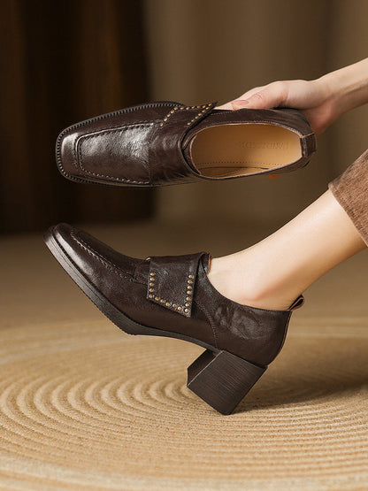 Women's British Style Square Toe Chunky Heel Pumps – Deep Vamp Studded FitiqueFit
