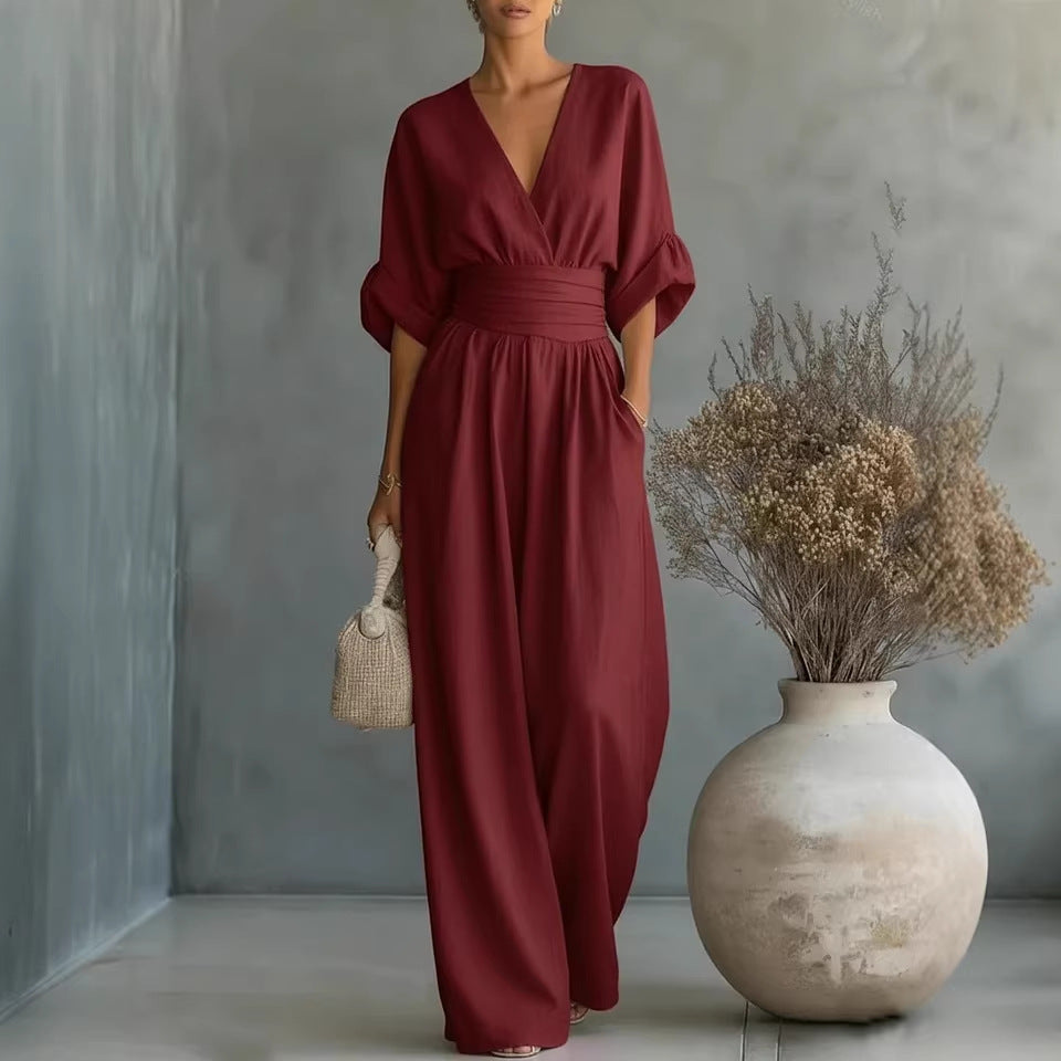 Women's V-Neck Wide-Leg Jumpsuit – High Waist Pleated Elegant 11 Colors S–5XL FitiqueFit