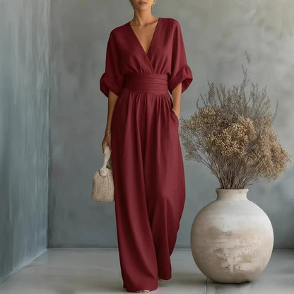 Women's V-Neck Wide-Leg Jumpsuit – High Waist Pleated Elegant 11 Colors S–5XL FitiqueFit
