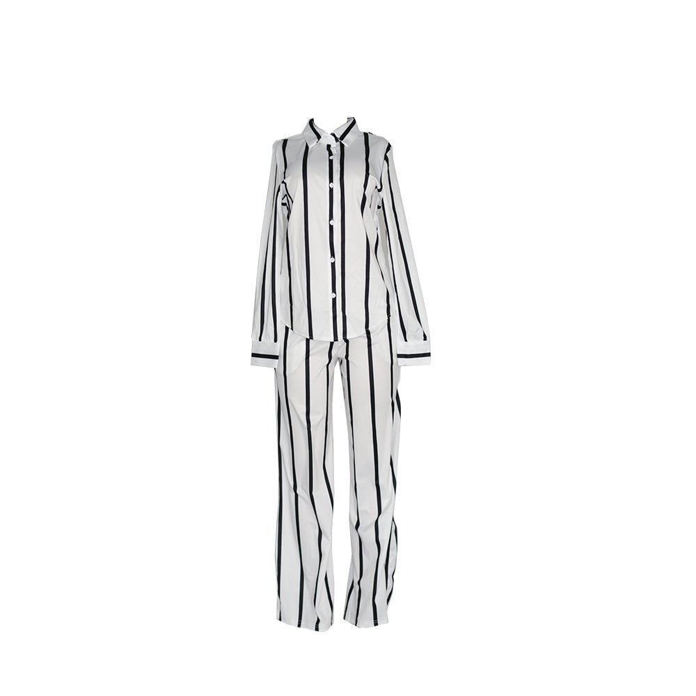 Women's Striped Print Two-piece Set - Button Front Collar Long Sleeve Shirt & High Waist Wide Leg Loose Pants Set - Casual Style - For Women - Perfect for Everyday Wear & Loungewear - Great Gift for Fashionable Women NovaCart