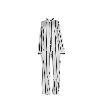 Women's Striped Print Two-piece Set - Button Front Collar Long Sleeve Shirt & High Waist Wide Leg Loose Pants Set - Casual Style - For Women - Perfect for Everyday Wear & Loungewear - Great Gift for Fashionable Women NovaCart
