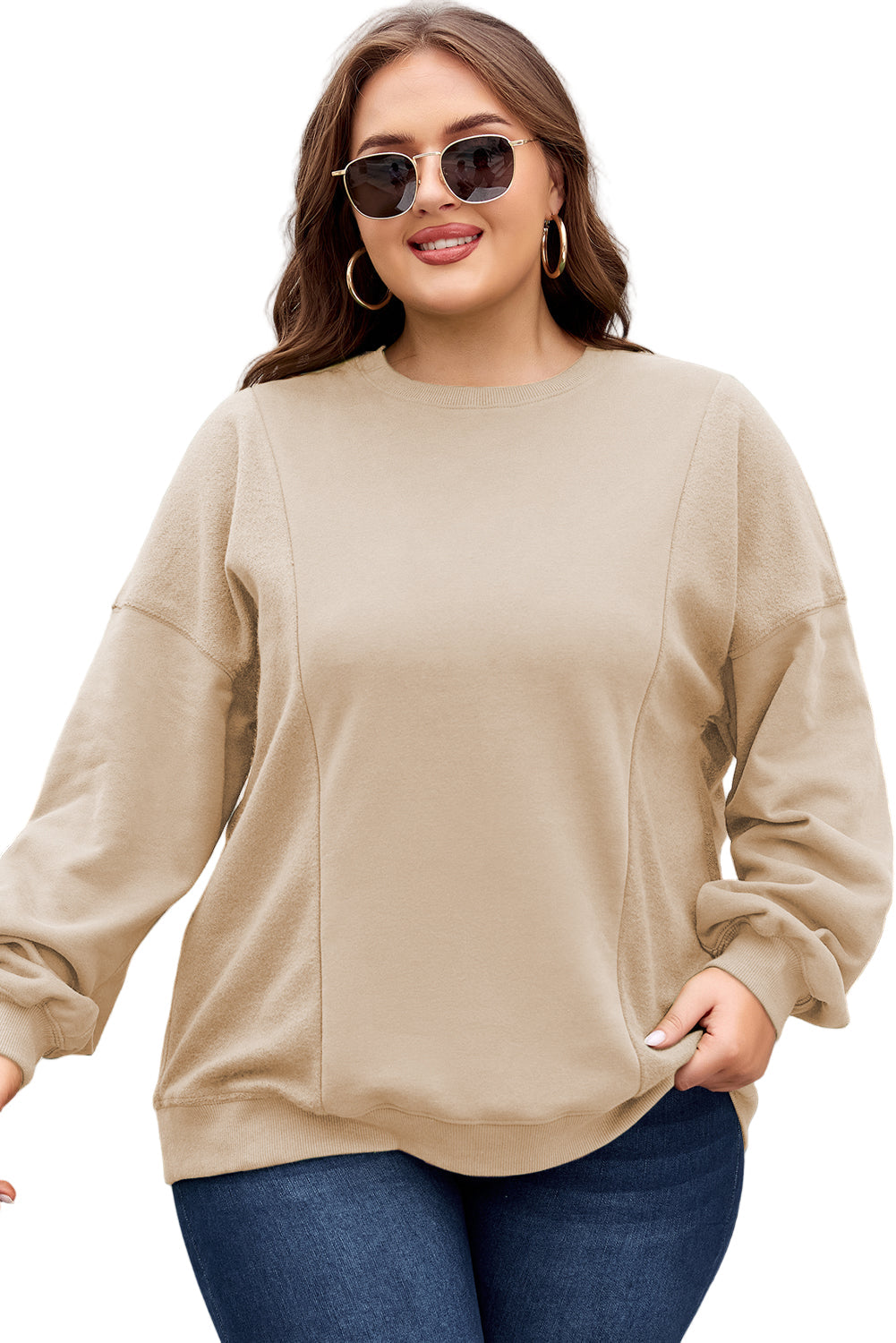 Apricot Loose Patchwork Crewneck Plus Size Sweatshirt Garden Naked Curves