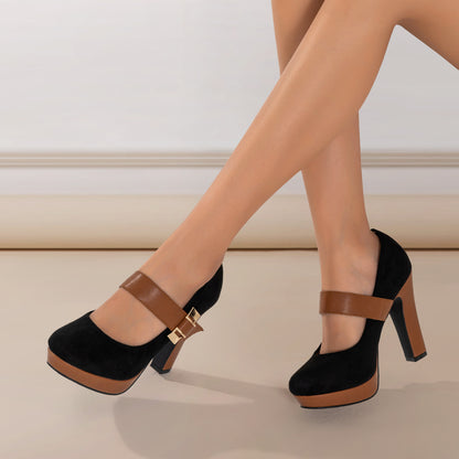 [Retro Heeled Pumps] Women's Retro Style Round Toe High Heeled Pumps, Buckle Platform Block Heel Shoes, Women's Footwear NovaCart