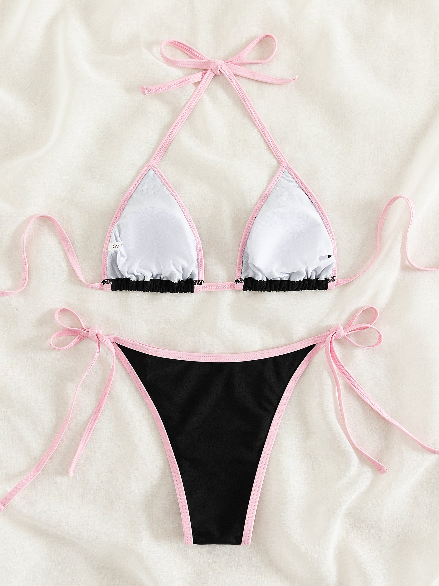 Contrast Trim Tie Side 2 Piece Bikini Swimsuit, Triangle Halter Tie Back Neck Stretchy Beachwear, Cute & Sexy, Women's Swimwear & Clothing NovaCart