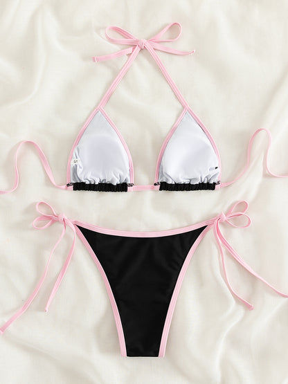 Contrast Trim Tie Side 2 Piece Bikini Swimsuit, Triangle Halter Tie Back Neck Stretchy Beachwear, Cute & Sexy, Women's Swimwear & Clothing NovaCart
