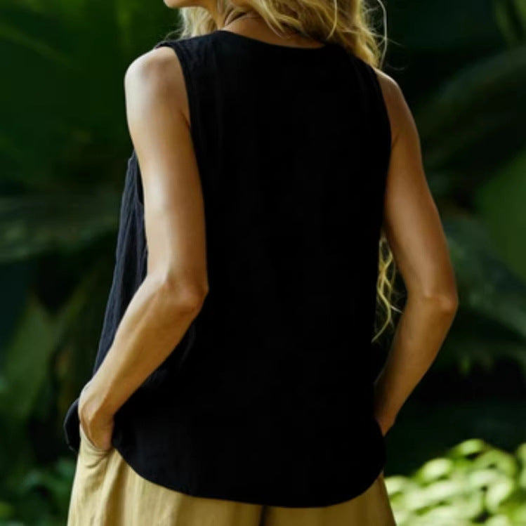 Cotton-Linen Sleeveless V-Neck Button Shirt – 3 Colors, S–2XL FitiqueFit