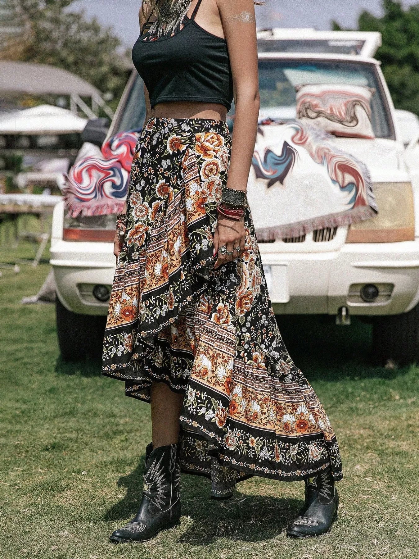 Plus Size Boho Floral Print High-Low Skirt See size chart under “more details” The Fashion Celestial