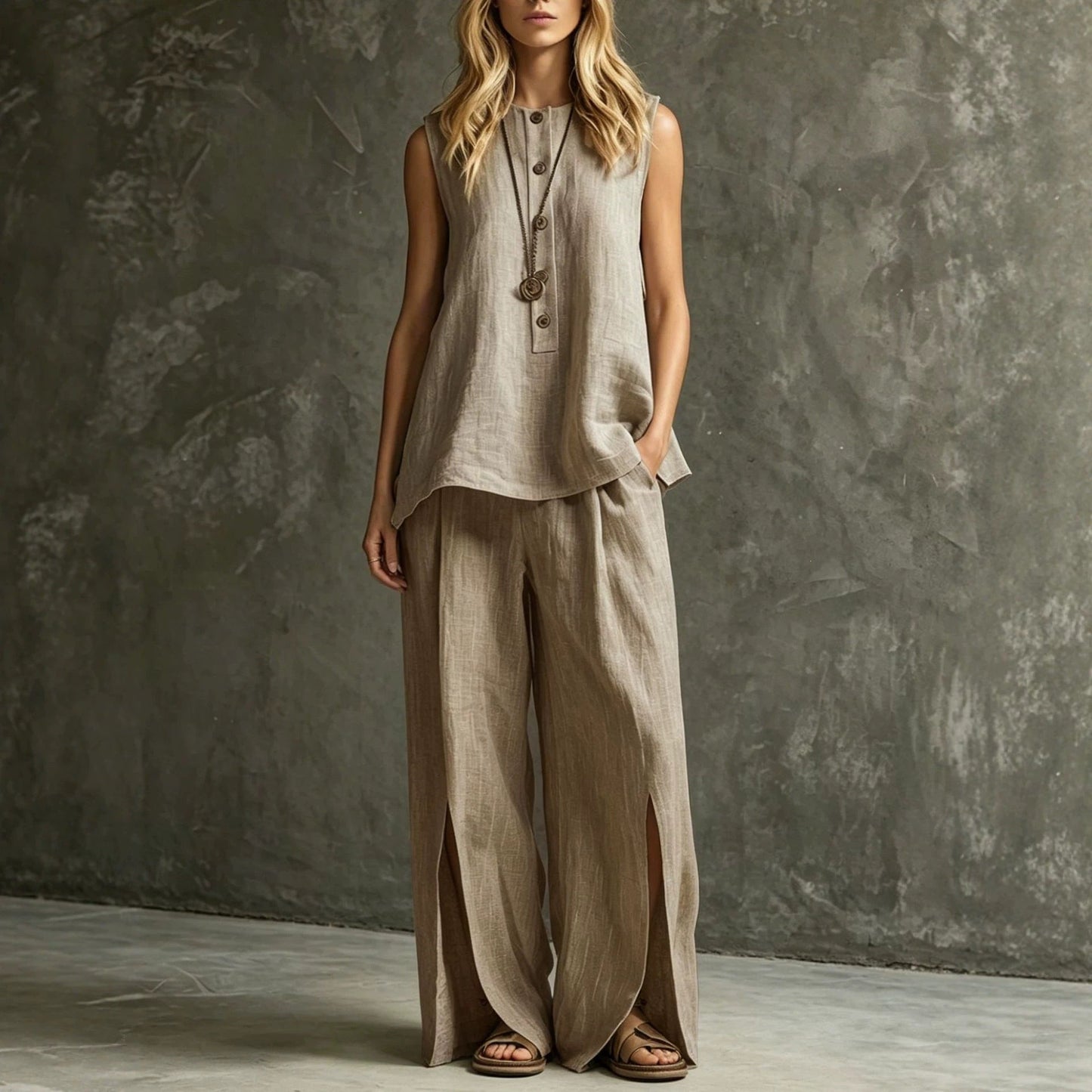 Women's Loose Sleeveless Tank Top & Slit Wide-Leg Pants Two-Piece Set FitiqueFit