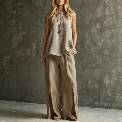 Women's Loose Sleeveless Tank Top & Slit Wide-Leg Pants Two-Piece Set FitiqueFit