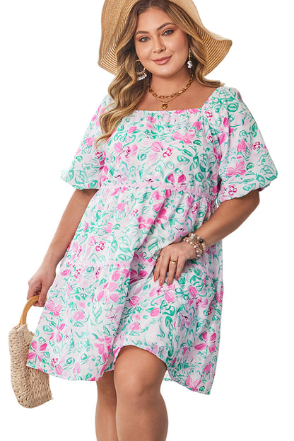 White Floral Print Ric-rac Trim Square Neck Plus Size Mini Dress Garden Naked Curves