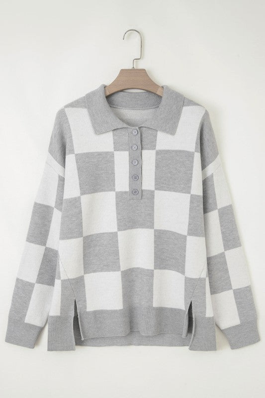 Plus Size Checker Buttoned Polo Collar Sweater Shop Style & More | Fresh Looks, Everyday Deals & Free Shipping