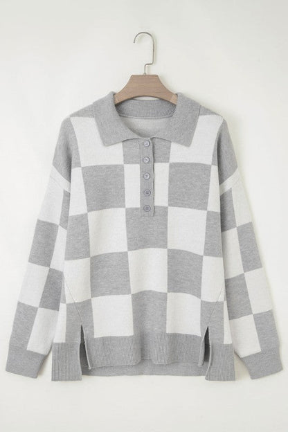 Plus Size Checker Buttoned Polo Collar Sweater Shop Style & More | Fresh Looks, Everyday Deals & Free Shipping