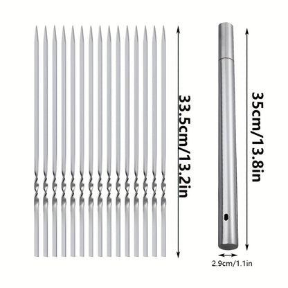 15pcs of Stainless Steel Skewers And 1 Storage Tube for Barbecuing; Reusable Grill Skewers for Shish Kebab And Camping Flat Forks Gadgets NovaCart