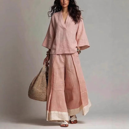 Women's Cotton-Linen V-Neck 3/4 Sleeve Shirt & Wide-Leg Pants Set FitiqueFit