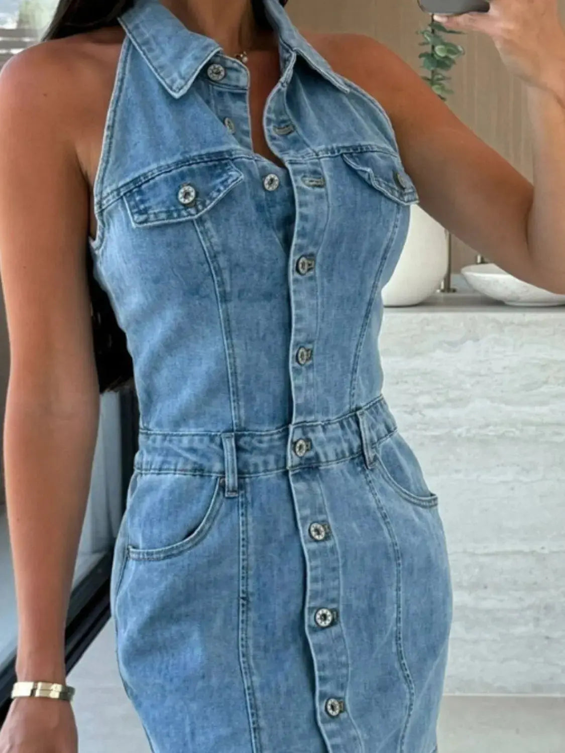 Button Front Sleeveless Denim Mini Dress New Era Fashion LLc