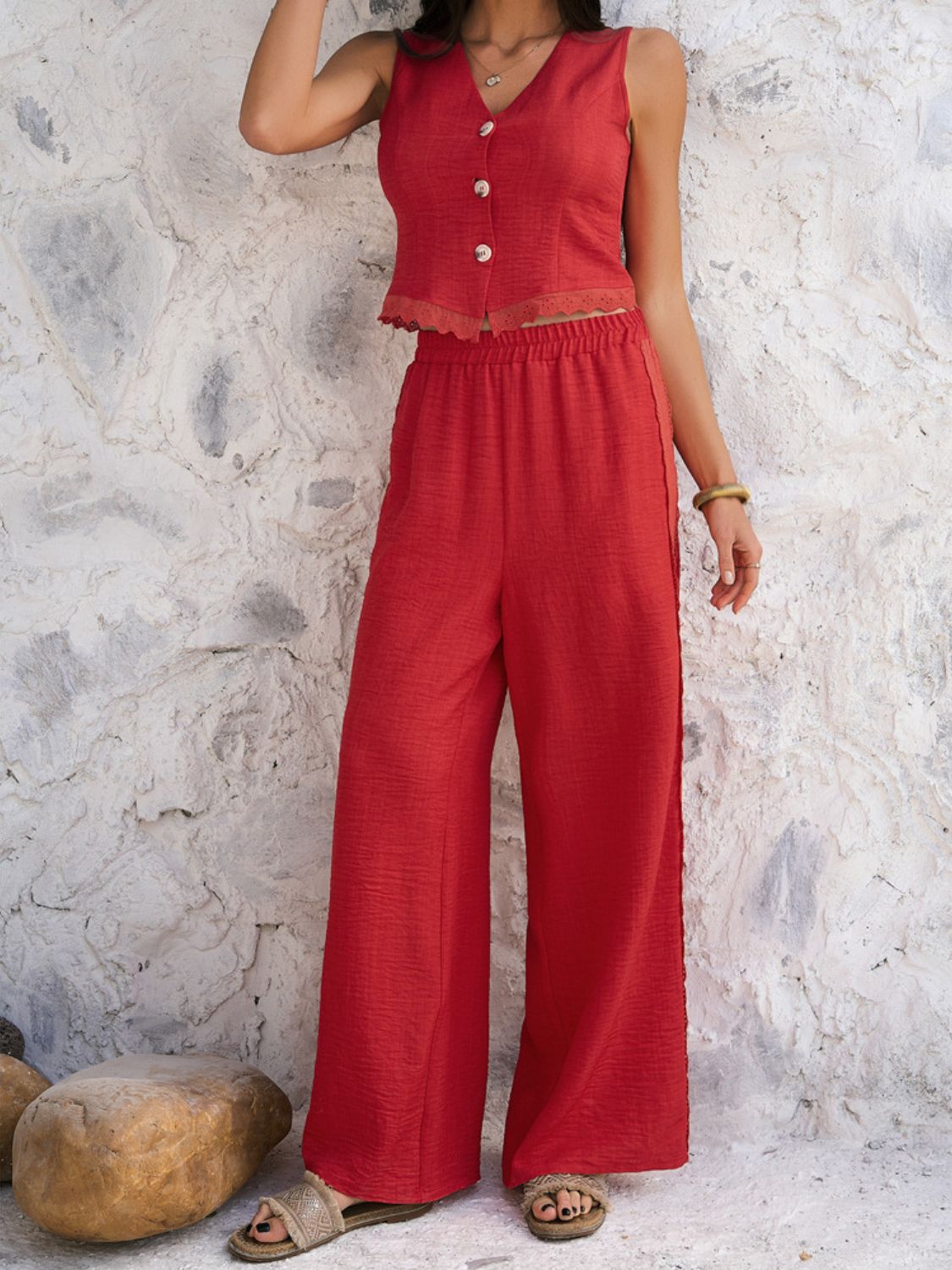 Devine Button Down Lace Detail Vest and Pants Set – Elegant Two-Piece with Stretchy Comfort See size chart under “more details” The Fashion Celestial